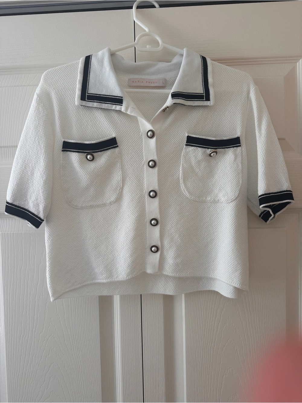 Marina Luna White Button-Front Knit Top with Navy Trim